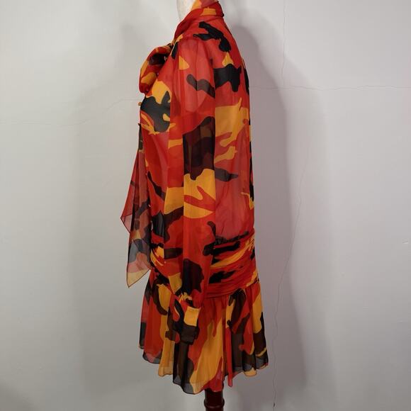 Dsquared2 Camouflage Print Bow Neck Sheer Dress Red Orange Size 38 US 2 - Picture 6 of 12